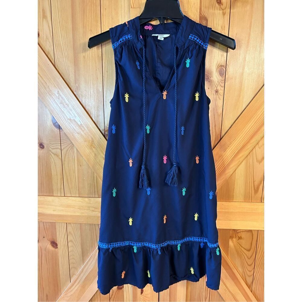 Crown & Ivy Pineapple Navy Sleeveless Embroidered Tassel Shift Dress SZ XS (0085